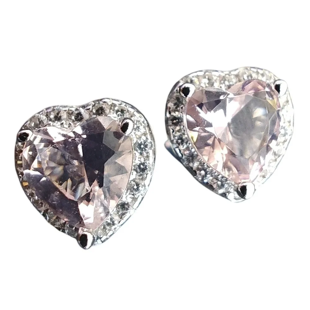 Stud Earrings 6mm Morganite Heart Silver Pink Halo Studs - Picture 1 of 5
